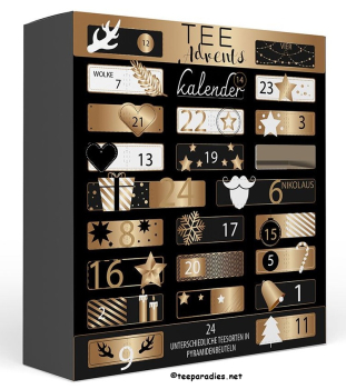 XL-Tee Adventskalender "Goldene Weihnachten" mit 24 Pyramidenbeuteln einzeln im Sachets verpackt Format 370 x 92 x 410 mm mit Türchen 70 g.