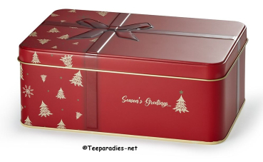 Keksdose "Season's Greetings", rot Weißblech, rechteckig, Scharnierdeckel matt, geprägt 19,2 x 12,7 x 7,5 cm