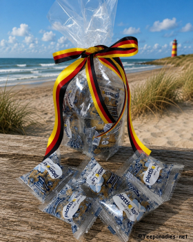 Fussballmitbringsel: 10 x plattkeks in Cellophantüte mit „Deutschland Schleifenband" 60 g.