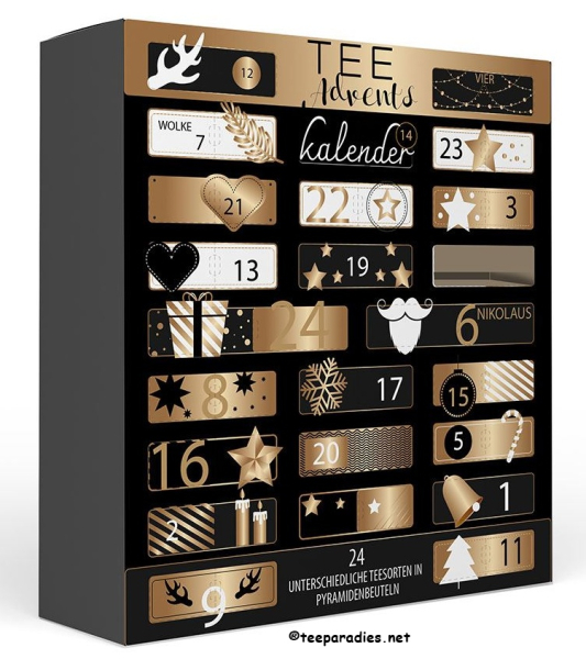 XL-Tee Adventskalender "Goldene Weihnachten" mit 24 Pyramidenbeuteln einzeln im Sachets verpackt Format 370 x 92 x 410 mm mit Türchen 70 g.