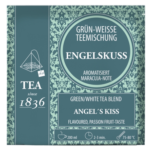 1836: Weiß-/Grünteemischung Engelskuss Maracuja-Note aromatisiert 50 Pyramidenbeutel im Sachet à 3 g