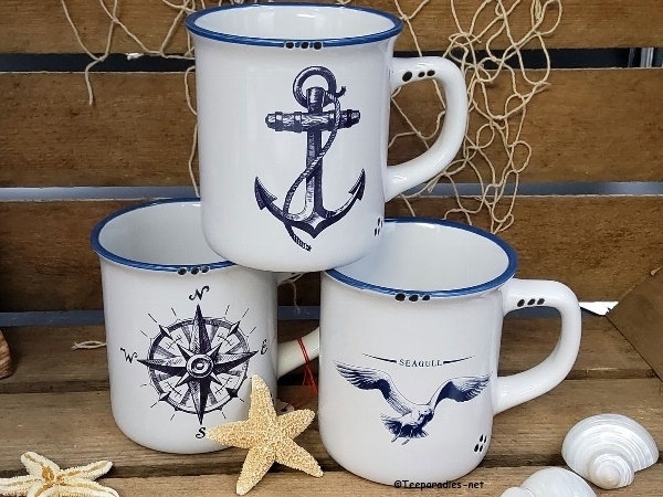 Steingut 3 x Becher Motiv: Möwe, Windrose & Anker