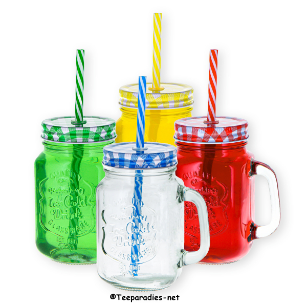 Glass 'Retro' with straw lid 350 ml in display box, 4 assorted colours -set -