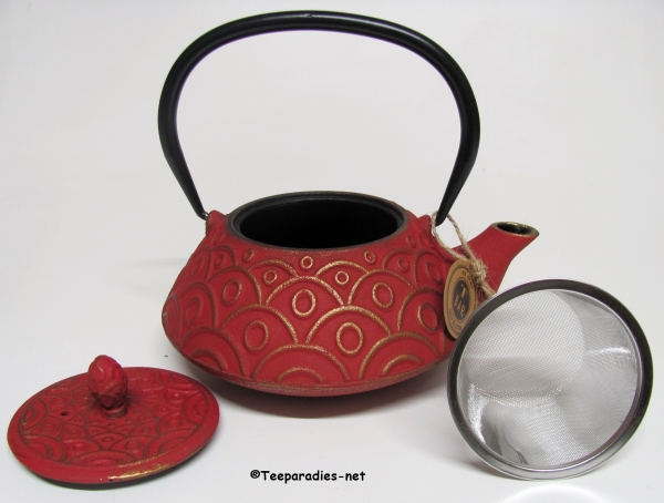 Gusseisen-Teekanne "Benxi", rot/gold, mit Edelstahlsieb
