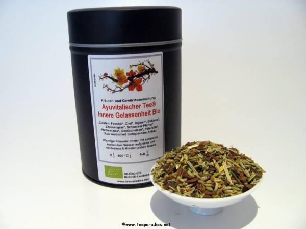 Teeparadies-net Editionstee „Wellness“ Ayuvitalischer Tee®Innere Gelassenheit Bio 100 g. in Dose