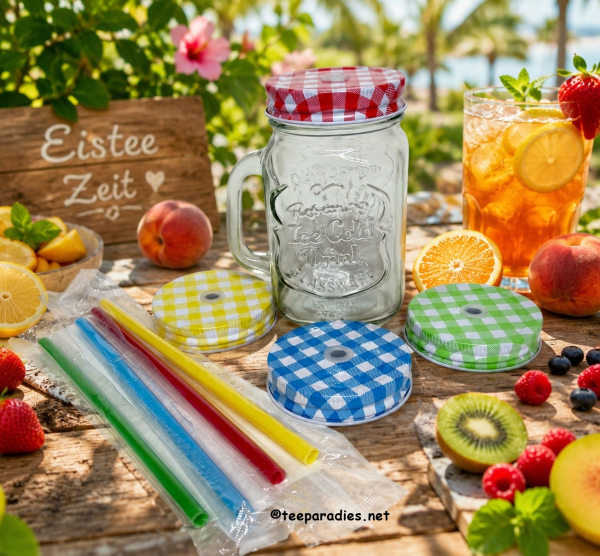 Trinkglas 'Retro' mit Strohhalmdeckel 350 ml 4-fach sortiert – Set -