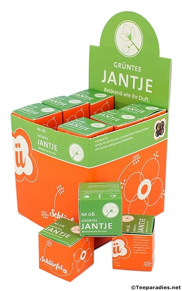 06: Bio Schlürf Tee: Grüntee "Jantje" in Schmuckbox mit 27 Schlürfel 67,5 g.